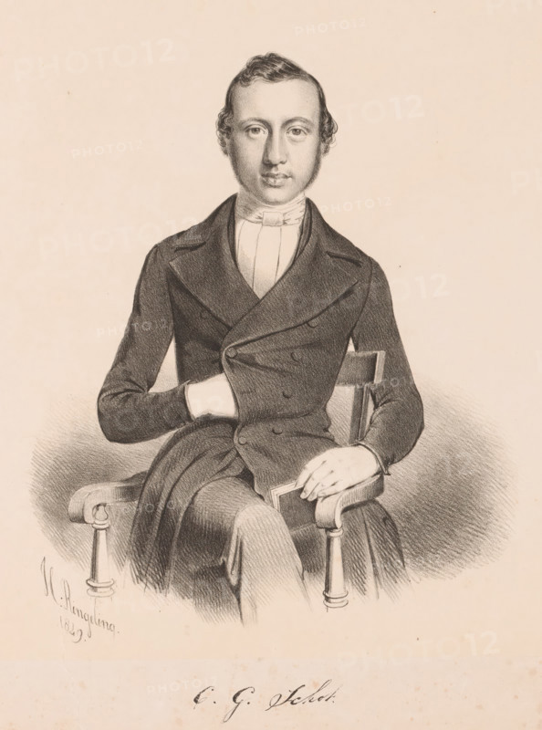 CG Schot, Portrait of CG Schot, print, printmaker: Hendrik Ringeling, Leiden, 1849, paper, chine collé, lithography, lithography on chine collé, height 325 mm x width 246 mm, historical persons, A seated man is depicted in a detailed pencil or charcoal drawing wearing a dark double-breasted coat and a light high-collared shirt with a neckcloth; he sits with one arm bent and tucked inside his coat and the other resting on the arm of a wooden chair while holding a book, his legs crossed and his hands visible, and his hair is short and wavy with sideburns, set against a plain light background.
