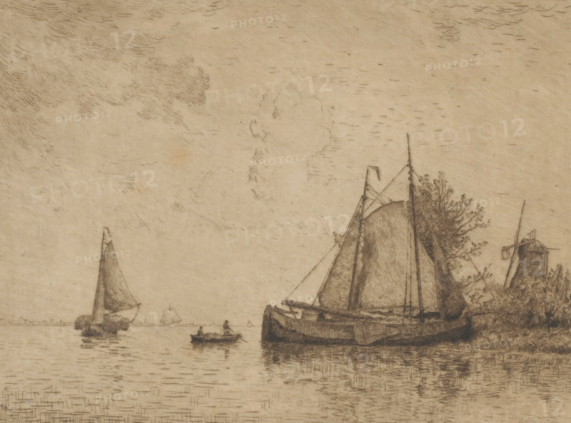 View of the Meuse, print, View of the Meuse with two sailboats and a rowboat in the foreground. A windmill on the right., printmaker: Alphonse Stengelin (signed by artist), dedicated to: Ernst Wilhelm Moes, 1862 - 1910, paper, etching, intaglio printmaking technique, etching with plate tone in brown, height 208 mm x width 267 mm, sailing-ship, sailing-boat, windmill in landscape, river, Meuse, A sepia-toned sketch of a waterscape showing several sailing vessels on calm water, with a large sailboat docked at the right foreground displaying tall masts and rigging, nearby foliage and a windmill-like structure behind it, smaller boats and rowers further out on the water, distant sails on the horizon, and a sky filled with light, short hatch-mark clouds and subtle horizontal strokes.