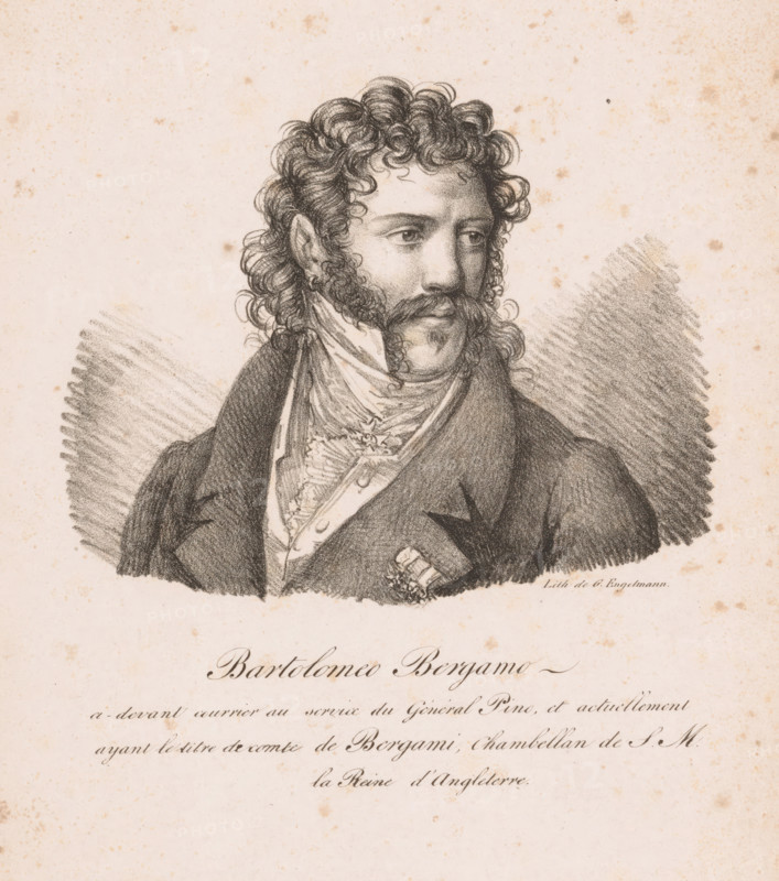 Bartolomeo Bergamo, Portrait of Bartolomeo Bergami, print, printer (person): Gottfried Engelmann, Paris, 1820, printmaker, printer (person), paper, lithography, height 309 mm x width 242 mm, Person, Bartolomeo Bergami, historical persons, A pencil or charcoal portrait of a man shown from the chest up wearing a dark coat and a layered cravat, with curly hair and prominent sideburns and mustache, looking slightly to the side; the background is a light paper with scattered age spots and shading strokes around the figure.