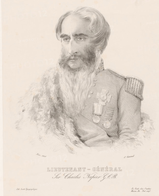 Lieutenant-Général Sir Charles Napier GCB, Portrait of Charles James Napier, print, printmaker: Jacques Guiaud, printer (person): Société typographique de Nice, Nice, 1848, printer (person), Provence-Alpes-Côte d'Azur, paper, chine collé, lithography, height 413 mm x width 307 mm, Person, Charles James Napier (Sir), historical persons, A detailed pencil portrait of a man shown from the chest upward wearing a heavy fur cloak over a decorated military uniform, with epaulettes on one shoulder and several medals pinned to the chest; he has a long full beard and prominent moustaches, high forehead with swept hair, and a serious expression with eyes looking slightly to one side, all rendered in fine shaded lines on a pale background.