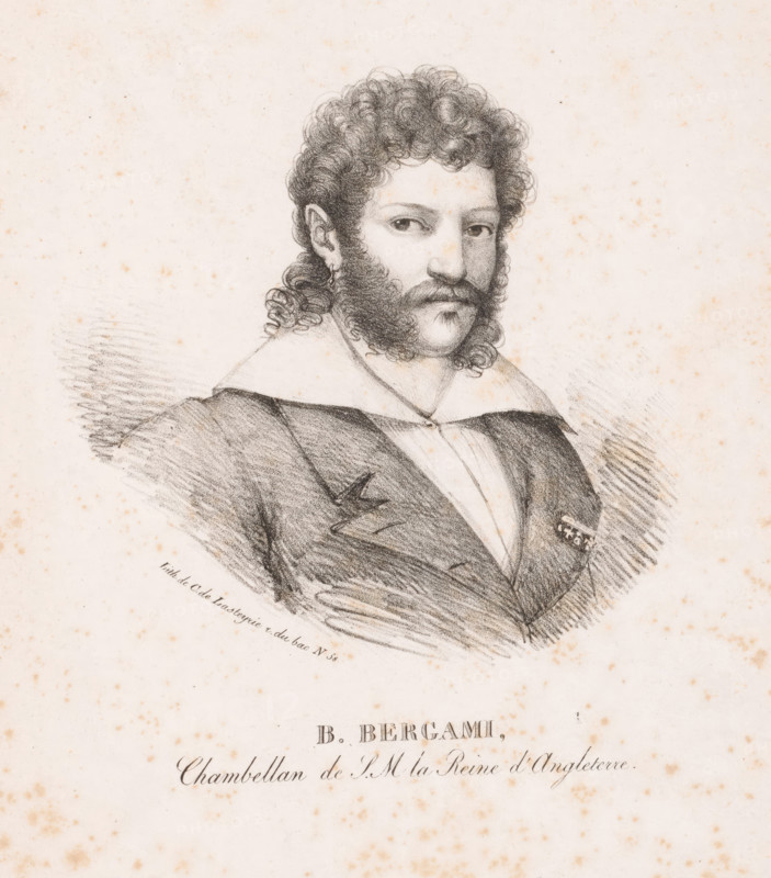 Portrait of Bartolomeo Bergami, D. Bergami, Chambellan de PM la Reine d'Angleterre, print, printmaker: Charles Philibert de Lasteyrie du Saillant, printer (person): Charles Philibert de Lasteyrie du Saillant, Paris, c. 1820, Charles Philibert de Lasteyrie du Saillant, printmaker, printer (person), paper, lithography, height 314 mm x width 239 mm, Person, Bartolomeo Bergami, historical persons, A charcoal or pencil portrait of a man shown from the chest up wearing a dark coat with a wide, light-colored collar and a light shirt beneath, his face framed by curly hair and prominent sideburns leading into a moustache and beard, a small hoop earring visible on one ear, his expression neutral with eyes looking slightly to the side, rendered on a speckled, aged paper background with visible shading lines around the shoulders and faint decorative strokes surrounding the figure.