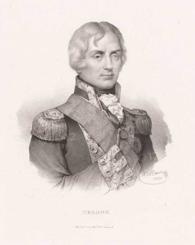 Portrait of Horatio Nelson, Duke of Bronte, Nelson, print, check stamp, printmaker: Antoine Maurin, printer (person): Imprimerie lithographique de la 1e division Militaire, Paris, 1834, printer (person), paper, lithography, height 366 mm x width 275 mm, Person, Horatio Nelson (Duke of Bronte), historical persons, officer, A monochrome portrait of a man shown from the chest up wearing a decorated military uniform with ornate epaulettes and a patterned sash across his chest, a frilled cravat at his neck, and a round medal suspended on a ribbon; he has wavy hair, a composed facial expression, and is looking slightly to one side against a plain light background.