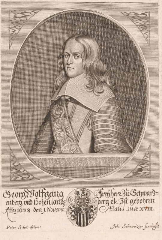 Portrait of Georg Wolfgang zu Schwarzenberg, Members of the Schwarzenberg-Hohelandsberg family, print, printmaker: Johann Schweizer, after drawing by Pieter Schick, 1640 - 1670, paper, engraving, height 229 mm x width 160 mm, Person, Georg Wolfgang zu Schwarzenberg, historical persons, armorial bearing, heraldry, A finely detailed engraved portrait of a person shown from the waist up within an oval frame, wearing a broad, flat collar and a richly patterned sash across the chest; the figure has long, wavy hair falling to the shoulders and a composed facial expression, with subtle shading and crosshatching defining the face and hair. The background inside the oval is densely hatched, and the outer rectangular border contains decorative triangular hatch patterns in the corners. Below the oval is a horizontal panel containing a heraldic shield topped by a crowned crest, flanked by flowing ornamental motifs, and beneath that are lines of ornate handwritten script. The entire image uses fine...