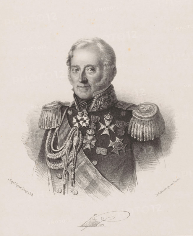 Portrait of Jan Coenraad Koopman, print, Below the portrait the signature of the sitter., printmaker: Johan Hendrik Hoffmeister, Netherlands, printer (person): Koninklijke Steendrukkerij van E. Spanier, The Hague, c. 1851 - c. 1883, printer (person), paper, chine collé, lithography, lithography on chine collé, height 495 mm x width 355 mm, Person, Jan Coenraad Koopman, historical persons ((full) bust portrait), knighthood order, A black and white portrait drawing of an older man shown from the chest up wearing a highly decorated military uniform with ornate epaulettes, braided cords, and a sash across his torso; his coat front displays multiple star-shaped medals and badges clustered on the chest, and the high collar has embroidered detailing; his face is rendered with soft shading showing short hair and sideburns, a calm expression, and direct gaze; the background is plain with light shading behind the shoulders and faint spots on the paper.