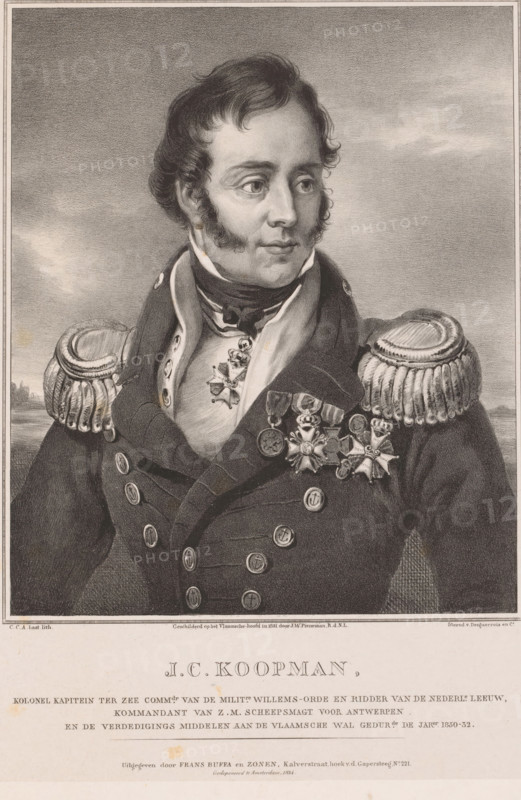 Portrait of Jan Coenraad Koopman, print. The sitter is wearing a military uniform with decorations on his chest and around his neck. Below the portrait are his name and positions. According to the caption, Jan Willem Pieneman painted the painting at Fort Het Vlaamsche Hoofd in Antwerp., printmaker: Carel Christiaan Antony Last, Netherlands, after painting by Nicolaas Pieneman, Antwerp, printer (person): Desguerrois & Co., Amsterdam, publisher: Buffa en Zonen, Frans, 1834, printer (person), paper, chine collé, lithography, lithography on chine collé, height 375 mm x width 280 mm, Person, Jan Coenraad Koopman, historical persons ((full) bust portrait), knighthood order, A monochrome portrait of a man shown from the chest up wearing a double-breasted military coat with ornate shoulder epaulettes and multiple decorative medals pinned to his chest, his coat collar turned up and a cravat around his neck, his hair dark and wavy with sideburns, his gaze turned slightly to one side, a softly sh...
