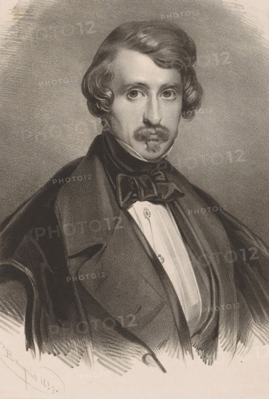 Portrait of Pierre Kremer, print, inscription: 'P. Kremer', label: 'vS II, no 3063*', printmaker: Charles Baugniet, after painting by Gustave Wappers, 1839, paper, chine collé, lithography, height 339 mm x width 248 mm, Person, Pierre Kremer, historical persons, adult man, mustache, A monochrome portrait of a man shown from the chest up wearing a dark coat with wide lapels and a high-collared shirt beneath, the shirt front lighter in tone and fastened with decorative buttons; he has a bow tie with pronounced loops and a draped garment over his shoulders. The man has neatly styled hair with waves framing his forehead and ears, a thin mustache and small goatee, and a composed facial expression with direct eyes. The background is textured with soft shading that darkens near the head and lightens toward the edges, and the drawing features visible pencil or charcoal strokes throughout the clothing and background.