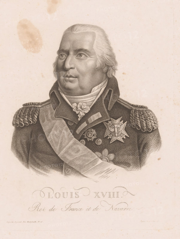 Louis Legrand, Veuve Chereau, printmaker, publisher, Paris, France, paper, stipple work, engraving, height 248 mm x width 188 mm, Person, Louis XVIII (king of France), historical persons, ruler, sovereign, A monochrome engraved portrait of a man shown from the chest up wearing a military uniform with epaulettes and a high collar, a sash across his torso, decorative medals and a star pinned to his chest, and a cravat at his neck; he has swept-back hair, a rounded face, and a calm expression, set against a plain background with light spots and stains.