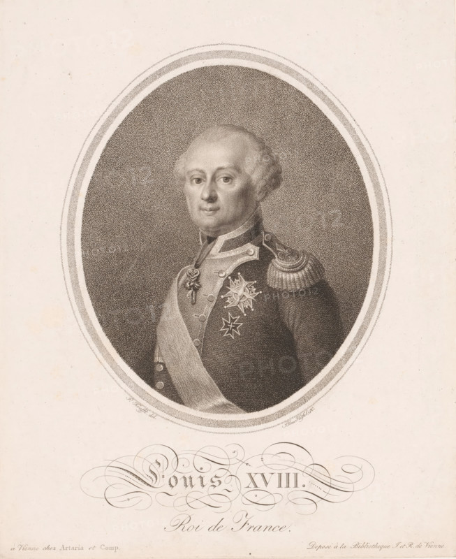 Portrait of Louis XVIII, King of France, print, printmaker: Blasius Hoefel, after drawing by Peter Krafft, publisher: Artaria & Co., Vienna, grantor of privilege: Bibliotheque J. et R., 1802 - 1824, Lower Austria, paper, stippling, height 260 mm x width 210 mm, Person, Louis XVIII (King of France), historical persons, ruler, sovereign, knighthood order, knighthood order of the Golden Fleece - insignia of a knighthood order, eg: badge, chain (with NAME of order), A framed oval portrait of a man shown from the chest up wearing a formal military uniform with decorative epaulettes and sash, a high collar, and several ornate medals or badges on his chest, the man has light-colored hair styled short and wavy and a neutral facial expression, the portrait is rendered in fine stippled shading on a light background with decorative flourishes below the oval.