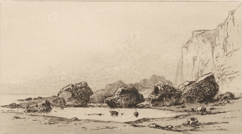 Eboulement de rochers près de Veules (original title), Boulders at Veules, Souvenir du Hâvre (original series title), print, View of boulders on the coast at Veules., printmaker: Carel Nicolaas Storm van 's-Gravesande, c. 1873, Carel Nicolaas Storm van 's-Gravesande, paper, etching, intaglio printmaking technique, height 155 mm x width 235 mm, rocky coast, Veules (city), A monochrome line drawing of a rocky shoreline with large textured boulders scattered along the shallow water and sand, a steep cliff face rising on the right with vertical and diagonal etched lines, distant low rocky formations along the horizon, fine horizontal and slanted hatch marks suggesting sky and water surface, and smaller stones and ripples in the foreground.