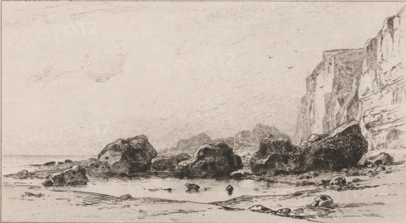 Eboulement de rochers près de Veules (original title), Boulders at Veules, Souvenir du Hâvre (original series title), print, View of boulders on the coast at Veules., printmaker: Carel Nicolaas Storm van 's-Gravesande, c. 1873, Carel Nicolaas Storm van 's-Gravesande, paper, chine collé, etching, intaglio printmaking technique, height 157 mm x width 238 mm, rocky coast, Veules (city), A monochrome sketch of a rocky shoreline with large boulders scattered along a shallow waterline and smaller stones on wet sand, detailed cross-hatching showing textures and reflections on the water; steep cliffs rise on the right with striated rock faces and ledges, while distant rocky formations recede toward the center; a wide sky with faint linear shading and a few small birds in flight; the foreground shows rippled sand and tide pools with scattered pebbles.
