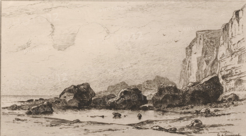 Eboulement de rochers près de Veules (original title), Boulders at Veules, Souvenir du Hâvre (original series title), print, View of boulders on the coast at Veules., printmaker: Carel Nicolaas Storm van 's-Gravesande, c. 1873, Carel Nicolaas Storm van 's-Gravesande, paper, etching, intaglio printmaking technique, height 151 mm x width 235 mm, rocky coast, Veules (city), A wide coastal scene rendered in delicate linework shows a shoreline with large jagged rocks sitting in shallow water and on wet sand, a few smaller scattered stones near the foreground, and a long piece of driftwood partially submerged. To the right, steep, textured cliffs rise from the beach with layered striations and shadowed recesses. In the middistance low rocky outcrops and a distant cliff line stretch toward the horizon. The sky above is filled with soft, streaked clouds and a few small birds in flight, and the water near the shore reflects the tones and lines of the rocks and sky.