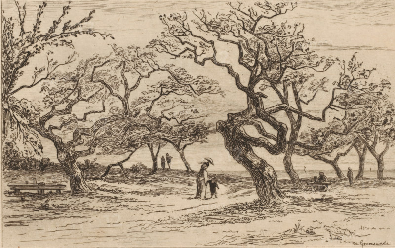 View of an orchard near Honfleur, Verger près de Houfleur (original title), print, In the middle, a woman with a parasol and a child by the hand walks between the trees., printmaker: Carel Nicolaas Storm van 's-Gravesande, c. 1873, Carel Nicolaas Storm van 's-Gravesande, paper, etching, intaglio printmaking technique, height 138 mm x width 215 mm, orchard, Honfleur, A sepia-toned etching shows a shoreline scene with many gnarled, windswept trees whose twisted trunks and branches spread across the composition, their sparse foliage rendered with fine lines. In the foreground a woman holding an umbrella stands beside a small child, both facing toward the water. Nearby a bench sits under a tree, and farther back another bench holds a seated figure while a standing figure walks along the shore. Two figures stand together near the waterline in the midground. The surface of the water and the sky are indicated by horizontal hatch marks, and low vegetation lines the distant shore. The overall i...