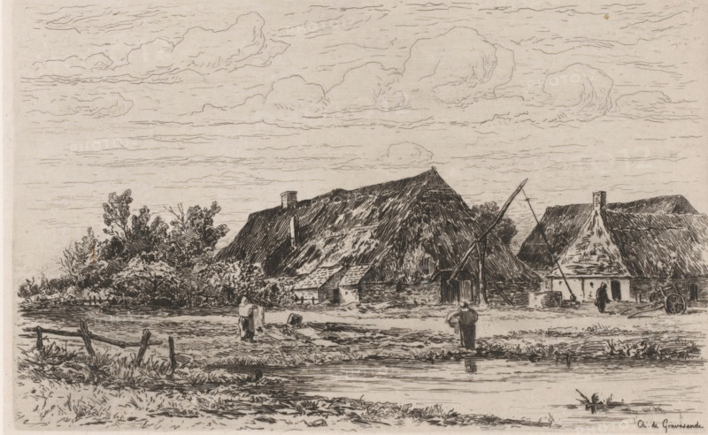 Farm near Kalmthout, Une ferme à Calmpthout (original title), print, In the foreground two women are doing the laundry., printmaker: Carel Nicolaas Storm van 's-Gravesande, 1873, Carel Nicolaas Storm van 's-Gravesande, paper, chine collé, etching, intaglio printmaking technique, height 137 mm x width 216 mm, farm or solitary house in landscape, Kalmthout, A wide landscape sketch shows several thatched-roof buildings along a flat shoreline, with tall roofs rendered in dense hatch lines and a triangular roofed structure among them. In front of the buildings there is a simple wooden fence and grassy, uneven ground leading to a narrow body of water in the foreground. Two standing figures are visible near the shore, each wearing long garments, and another small figure appears near the buildings. A leaning pole structure with ropes is positioned beside one of the roofs. Clusters of bushes and trees appear behind and between the buildings, and the sky above is filled with layered, linear clou...