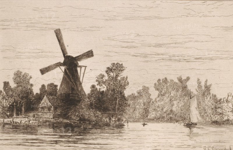 Loenen sur le Vecht (original title), Au bord du Vecht (Hollande), Mill in Loenen aan de Vecht, print, View of the Vecht with a mill on the left bank., number: '10.', printmaker: Carel Nicolaas Storm van 's-Gravesande, after design by Carel Nicolaas Storm van 's-Gravesande, printer (person): Alfred Cadart, Paris, c. 1873, Carel Nicolaas Storm van 's-Gravesande, Alfred Cadart, printmaker, printer (person), publisher, paper, etching, intaglio printmaking technique, letterpress printing, etching with plate tone and text in letterpress, height 161 mm x width 227 mm, windmill in landscape, river, Loenen (Utrecht), Loenen aan de Vecht, A sepia-toned etching shows a riverside scene with a large windmill on the left, its sails angled across the sky, standing among clustered trees and buildings with pitched roofs; the shoreline is reflected in the calm water in the foreground. On the right a sailboat with a tall sail is visible near a densely treed bank. The sky is filled with horizontal, wispy...