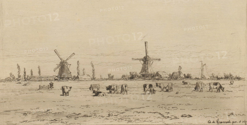 Polder near Weesp, Un polder près de Weesp (original title), print, View of a meadow with cows. Two windmills on the horizon., printmaker: Carel Nicolaas Storm van 's-Gravesande, after design by Carel Nicolaas Storm van 's-Gravesande, c. 1873, Carel Nicolaas Storm van 's-Gravesande, printmaker, paper, etching, intaglio printmaking technique, height 130 mm x width 236 mm, polder, reclaimed land, windmill in landscape, cow, Weesp, A wide, horizontal sketch of a flat rural landscape showing two large windmills with sails, low buildings and trees along the horizon, and a foreground pasture with grazing and resting cows scattered across the field, all drawn in fine pen lines on a light, textured background.