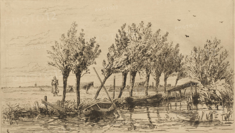 Polder near Loenen (original title), The Netherlands (original series title), print, In the foreground, two rowboats lie in the water. A row of pollard willows stands on the bank. In the polder behind it, a farmer's wife walks among the cows with a yoke and two buckets., printmaker: Carel Nicolaas Storm van 's-Gravesande, c. 1877, Carel Nicolaas Storm van 's-Gravesande, printmaker, paper, etching, intaglio printmaking technique, height 157 mm x width 248 mm, polder, reclaimed land, water course, carrying something with yoke, Loenen (Utrecht), A sepia-toned landscape sketch shows a calm riverside scene with several leafed trees along the bank, their branches detailed with fine crosshatching, and a small wooden boat moored at the water's edge with an oar resting across it. A simple shelter on stilts extends over the water near a cluster of dense foliage, and wooden posts and planks lie scattered along the shore. In the middle ground a figure in plain clothing stands on the grassy plain n...