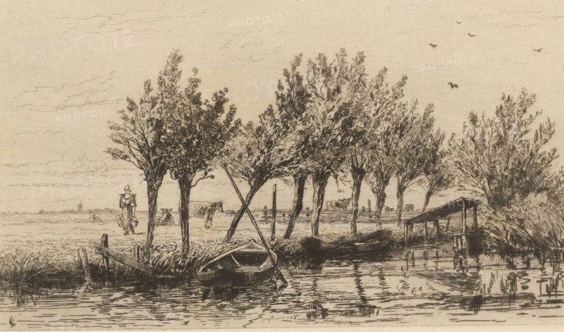 Polder near Loenen, Polder près de Loenen (original title), La Hollande (original series title), print, In the foreground, two rowboats lie in the water. A row of pollard willows stands on the bank. In the polder behind it, a farmer's wife walks among the cows with a yoke and two buckets., printmaker: Carel Nicolaas Storm van 's-Gravesande, c. 1877, Carel Nicolaas Storm van 's-Gravesande, printmaker, paper, etching, intaglio printmaking technique, height 159 mm x width 250 mm, polder, reclaimed land, water course, carrying something with yoke, Loenen (Utrecht), A monochrome etching shows a calm riverside scene with a small wooden rowboat moored at the water’s edge and another boat nearby, reflected in rippling water. A line of leafy trees stands along the bank, their trunks and branches sketched with fine crosshatching, and a simple sloped-roof shelter or boathouse sits partially over the water. In the background a figure in plain clothing walks across an open field where grazing anima...