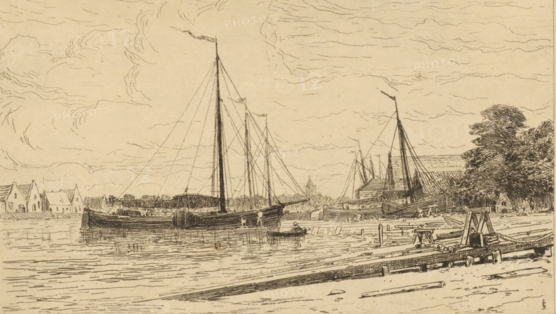 Scheepswerf in Muiden, Chantiers à Muiden (original title), print, printmaker: Carel Nicolaas Storm van 's-Gravesande, c. 1877, Carel Nicolaas Storm van 's-Gravesande, paper, etching, intaglio printmaking technique, height 160 mm x width 250 mm, shipyard, shipdock, Muiden, A sepia-toned line drawing of a riverside scene showing several sailing vessels moored near a wooden pier, with tall masts and rigging reaching into a sky filled with swirling clouds. Along the shoreline there are low gabled buildings and warehouses, and a cluster of trees with dense foliage. The foreground shows timber planks, pilings, and simple dock equipment arranged along the water's edge. Reflections and ripples are sketched on the water surface, and small rowboats lie alongside the larger ships. Subtle shading and crosshatching define the hulls, rooftops, and textured clouds.