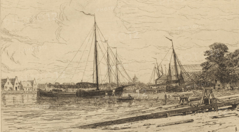 Scheepswerf in Muiden, Chantiers à Muiden (original title), print, printmaker: Carel Nicolaas Storm van 's-Gravesande, c. 1877, Carel Nicolaas Storm van 's-Gravesande, paper, etching, intaglio printmaking technique, height 160 mm x width 248 mm, shipyard, shipdock, Muiden, A sepia-toned etching shows a riverside scene with sailing vessels moored along a wooden quay, tall masts and rigging rising against a sky with wispy clouds, low buildings and gabled houses along the far bank, a cluster of sheds and boats on the near shore, figures working on the docks and small rowboats in the water, reflected ripples on the river surface, and trees with dense foliage framing the right side.