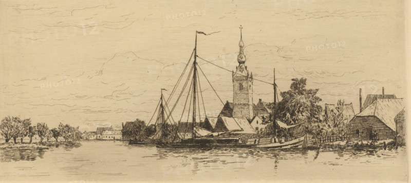 View of Overschie, Le village d'Overschie (original title), La Hollande (original series title), print, Village view by the water. In the center the tower of the Dutch Reformed Church., printmaker: Carel Nicolaas Storm van 's-Gravesande, c. 1877, Carel Nicolaas Storm van 's-Gravesande, printmaker, paper, etching, intaglio printmaking technique, height 130 mm x width 267 mm, parts of church exterior and annexes: tower, canals, waters (in village), Rotterdam, Overschie, A wide riverside scene rendered in fine linework shows a calm body of water in the foreground with reflected ripples, a large sailing vessel moored near the bank with tall masts and rigging, smaller boats alongside, a cluster of buildings with pitched roofs behind the boats, and a prominent tower with an ornate spire rising above the rooftops; trees and shrubs frame the right side near a wooden structure, a row of trees lines the distant left bank, and a lightly sketched sky with thin, horizontal cloud lines fills the upp...