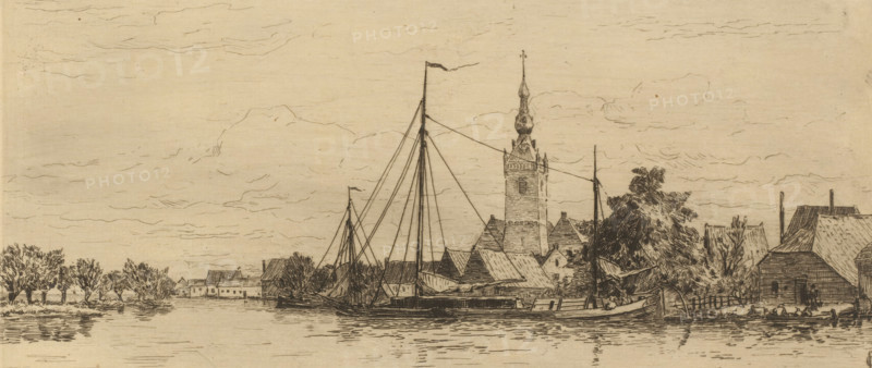 View of Overschie, Le village d'Overschie (original title), La Hollande (original series title), print, Village view by the water. In the center the tower of the Dutch Reformed Church., printmaker: Carel Nicolaas Storm van 's-Gravesande, c. 1877, Carel Nicolaas Storm van 's-Gravesande, printmaker, paper, etching, intaglio printmaking technique, height 128 mm x width 268 mm, parts of church exterior and annexes: tower, canals, waters (in village), Rotterdam, Overschie, A sepia-toned sketch of a riverside village showing a calm water foreground with reflected lines, a long sailboat moored along the bank with tall masts and rigging, clustered gabled buildings and thatched roofs behind the boat, and a prominent tower with an ornate spire rising above the rooftops. Trees and shrubs frame both sides of the village, simple wooden fences and small boats or barges sit along the shore, and a sky with light, wispy cloud lines stretches across the upper portion of the scene.