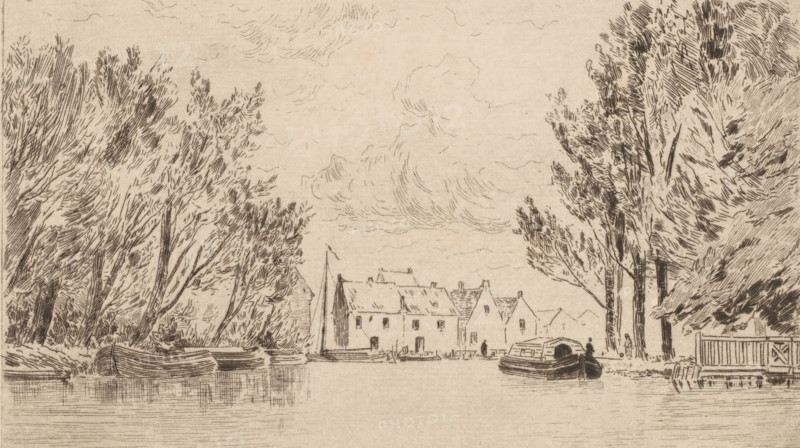 View of Crooswijk, Crooswijh (Faubourg de Rotterdam) (original title), print, View of the Crooswijk district in Rotterdam. In the foreground, boats are in the water., printmaker: Carel Nicolaas Storm van 's-Gravesande, Netherlands, c. 1880, Carel Nicolaas Storm van 's-Gravesande, paper, etching, intaglio printmaking technique, height 150 mm x width 257 mm, canals, waters (in city) (city(-scape) with figures, staffage), Rotterdam, Crooswijk, A sepia-toned ink drawing shows a calm waterway bordered by tall, densely sketched trees on both sides, with clusters of boats moored along the banks and reflections in the water; a small row of simple gabled houses and a sailboat are visible in the middle distance between the trees, and a few small human figures stand near the shoreline; the sky is filled with lightly hatched, swirling cloud patterns.