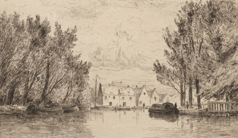 View of Crooswijk, Crooswijh (Faubourg de Rotterdam) (original title), print, View of the Crooswijk district in Rotterdam. In the foreground, boats are in the water., printmaker: Carel Nicolaas Storm van 's-Gravesande, Netherlands, c. 1880, Carel Nicolaas Storm van 's-Gravesande, paper, etching, intaglio printmaking technique, height 149 mm x width 256 mm, canals, waters (in city) (city(-scape) with figures, staffage), Rotterdam, Crooswijk, A sepia-toned etching shows a calm river scene framed by tall trees with dense, textured foliage on both sides, their trunks and branches rendered with short, overlapping strokes; small rowboats and a larger covered boat float on the water, their reflections visible on the rippled surface; across the water a cluster of simple gabled buildings lines the bank, with a few small human figures near the shore; a dock or wooden fence appears at the right edge; the sky above is filled with gently curved, sketchy cloud forms.