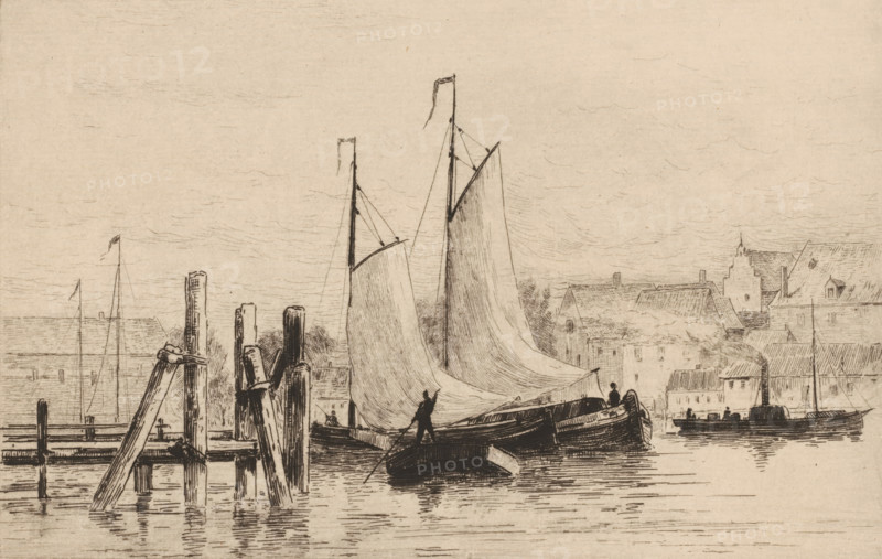 Dans le port de Dordrecht (original title), Haven in Dordrecht, print, Links een steiger, in het midden zeilboten., printmaker: Carel Nicolaas Storm van 's-Gravesande, Netherlands, c. 1880, Carel Nicolaas Storm van 's-Gravesande, paper, etching, intaglio printmaking technique, height 170 mm x width 280 mm, harbour, Dordrecht, A monochrome drawing of a harbor scene with two large sailboats in the center, their sails raised and curved, small figures standing and working on the boats, a smaller rowboat in the foreground, wooden pilings and a dock structure on the left with reflections in the water, additional boats along the right edge, and a backdrop of buildings with pitched roofs and a stepped gable skyline under a lightly sketched sky.