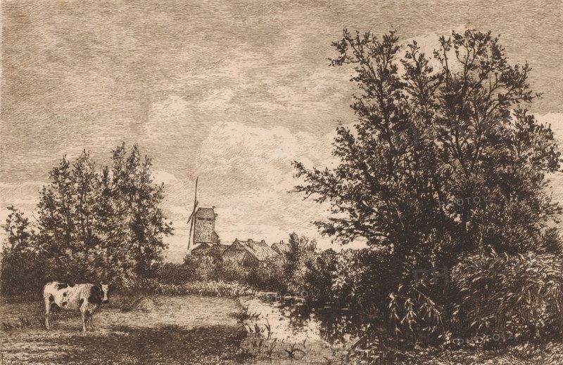 Landscape with windmill and cow, print, mark: 'Antwerpsche Etsers 1880', printmaker: Alfred Elsen, 1860 - 1910, paper, etching, intaglio printmaking technique, etching with plate tone, height 202 mm x width 300 mm, windmill in landscape, cow, A sepia-toned landscape scene showing a marshy foreground with a grazing spotted cow near a shallow reflective water channel, tall grasses and reeds along the water’s edge, a cluster of trees with detailed branches and foliage framing the right side and another group of trees toward the left, a row of low-roofed buildings partially obscured by trees in the middle distance, and a windmill tower with a visible blade rising above the rooftops against a sky filled with fine, textured cloud and atmospheric line work.