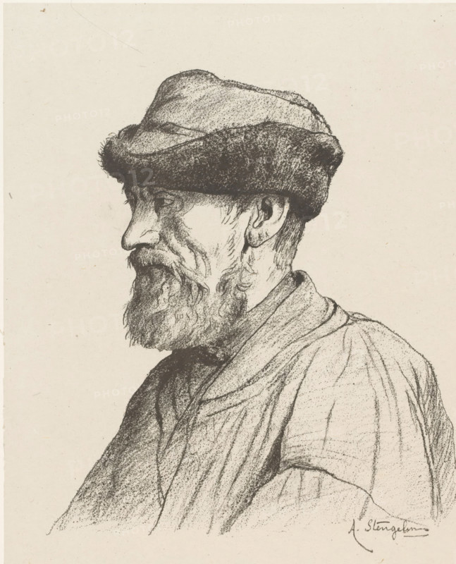 Portrait of a man with a short beard and a cap, Profil de paysan (original title on object), print, printmaker: Alphonse Stengelin (signed by artist), 1876 - 1910, paper, chine collé, lithography, height 451 mm x width 318 mm, historical persons not known by name, head-gear: cap (men's clothes), A monochrome pencil drawing of an older man in profile facing left, wearing a soft cap with a wide band and a textured top, a full beard and mustache with visible individual hair strokes, a prominent nose, and a lined cheek and neck. His ear and short hair at the side are sketched with fine lines. He is shown wearing a draped garment with folds and shading that suggest layered fabric across his shoulder and chest. The background is plain and unadorned.