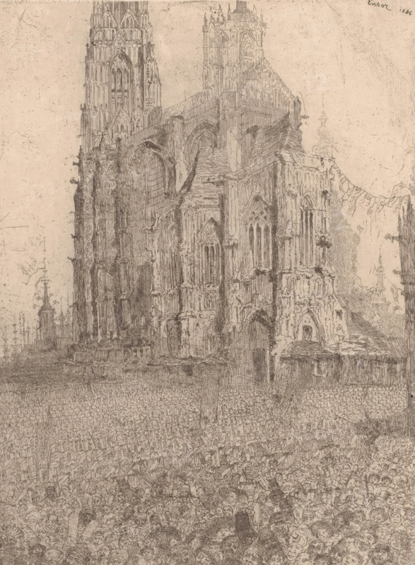 The Cathedral, Crowd in a square near a cathedral, print, The crowd consists of soldiers in costume lined up in rows and the people., printmaker: James Ensor, 1886, paper, etching, intaglio printmaking technique, etching with plate tone, height 245 mm x width 185 mm, public festivities, church (exterior), A detailed pen-and-ink drawing of a large Gothic cathedral fills the upper portion of the image, showing tall pointed towers, arched windows, buttresses, and intricate stonework rendered in fine lines; below the cathedral a dense crowd of small, closely packed heads and torsos stretches across the lower portion, with faces and hats sketched in varied expressions; the overall palette is a sepia-toned paper with dark ink lines and a textured, slightly speckled background.