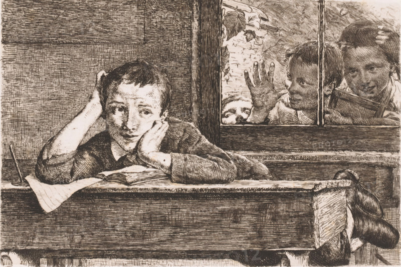 Three children look through a window at a boy leaning over a school desk, print, inscription: '5me Etat', printmaker: Edgard Farasyn (signed by artist), 1868 - 1910, paper, etching, intaglio printmaking technique, etching with plate tone, height 240 mm x width 289 mm, writing-table, writing-desk, elementary school, class, form, closed window, child (four persons), A monochrome etching shows a boy leaning on a desk with his head resting on one hand and the other hand supporting his cheek, his expression turned toward the viewer and his eyes looking slightly upward, with a book and loose papers on the desk in front of him and an inkwell and quill to the side. Through a window beside him, three children press close to the glass; one child faces forward with a hand raised against the pane, another holds a small rectangular object and looks in, and a third peeks over the sill with only the face visible. The scene is rendered with dense crosshatching and linear textures that define the woode...