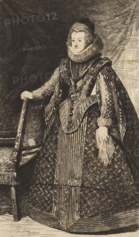 Portrait of Elisabeth of Bourbon, print, Hippert&Linnig 206, printmaker: Léopold Flameng, after painting by Diego Rodriguez de Silva y Velázquez, 1874, paper, etching, drypoint, intaglio printmaking technique, height 253 mm x width 157 mm, Person, Elisabeth of France (Queen of Spain and Portugal), historical persons - BB - woman, A full-length engraved portrait of a person wearing an ornate, patterned robe with a long pleated front panel and a heavy decorative collar, standing with one hand resting on the back of a carved chair and the other holding a muff; the figure has a high ruff around the neck, a curled hairstyle, and a calm facial expression; the robe and cape feature repeated leaf-like motifs and textured shading, and a pendant hangs at the chest; the background shows draped fabric on one side and dark cross-hatched shading on the other.