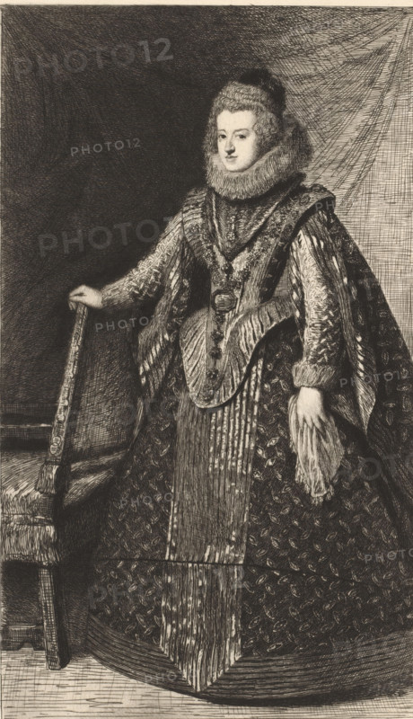 Portrait of Elisabeth of Bourbon, Elisabeth de Bourbon, reine d'Espagne, print, printmaker: Léopold Flameng, after painting by Diego Rodriguez de Silva y Velázquez, printer (person): Alfred Salmon, Paris, 1874, Léopold Flameng, Diego Rodriguez de Silva y Velázquez, Alfred Salmon, printmaker, after painting by, printer (person), paper, etching, drypoint, intaglio printmaking technique, height 253 mm x width 157 mm, A monochrome etching shows a standing figure in elaborate historical attire with a high ruff around the neck and a voluminous patterned cloak. The figure's hair is styled high and wavy, and the face is calm with a neutral expression. Ornate decorative elements run down the front of the garment, including a broad ornamental collar and layered panels with vertical textures and repeating motifs. One hand rests lightly on the back of a carved chair while the other holds a fringed cloth. The background is crosshatched, with darker shading to one side and lighter draped lines to th...