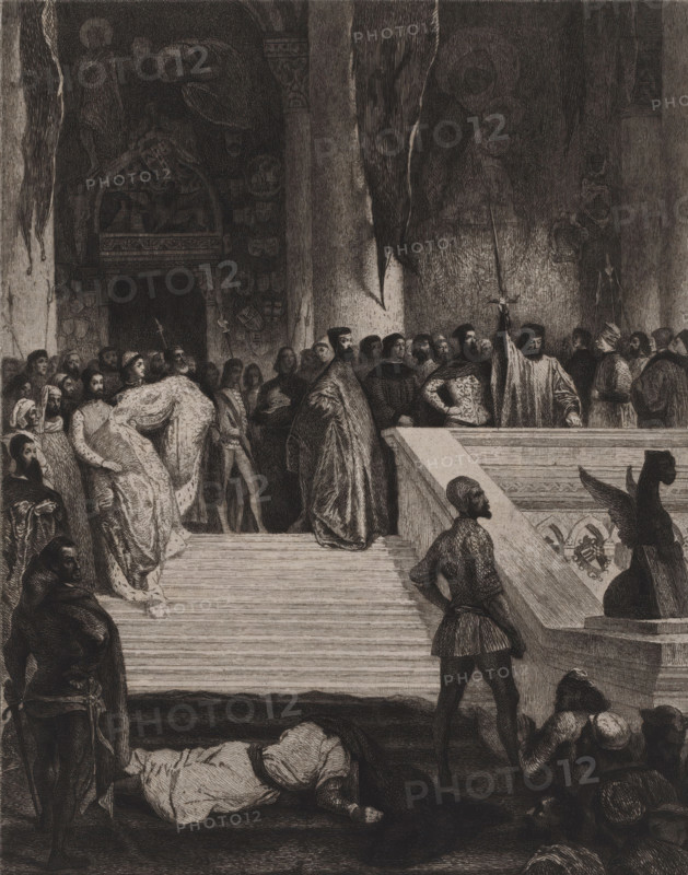 Execution of the Doge Marino Faliero, Marino Faliero, print, printmaker: Léopold Flameng, after painting by Eugène Delacroix, printer (person): Alfred Salmon, Paris, 1864, printer (person), paper, chine collé, etching, drypoint, height 318 mm x width 219 mm, A large group of people clustered on a wide stone staircase and landing inside a dim, vaulted interior, many wearing long robes, cloaks, and head coverings with varied textures and patterns; a central figure in a richly patterned cloak stands near the top of the steps while another holds a tall staff with a draped banner, and several figures nearby wear capes and tunics with decorative sleeves; to the right a stone balustrade leads down past a sculpted winged creature perched on the edge, and a man in short tights stands with hands on hips looking upward; at the lower foreground a man lies prone on the floor with folded limbs and a turbaned head, and a small group of seated or crouching figures gather near him; the background shows...