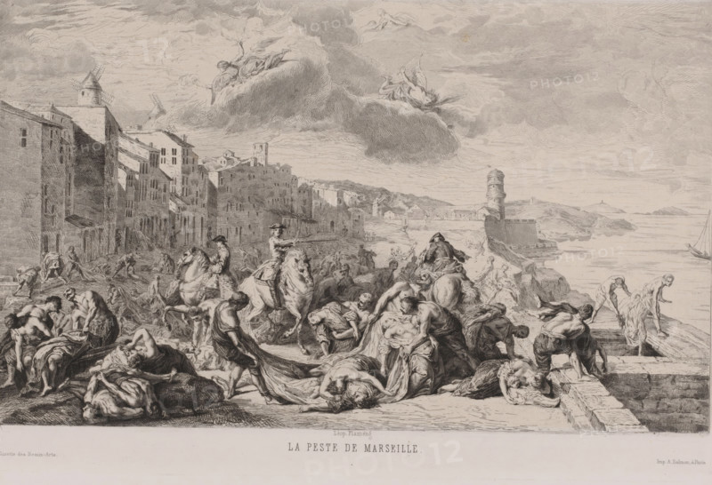 The Bully of Marseille, Victims of the bubonic plague are being disposed of in La Tourette, Marseille, print, In the La Tourette district, the bodies of the plague victims are being disposed of by galley rowers and soldiers under the leadership of Nicolas Roze (Chevalier Roze). Unfree laborers were primarily used on the galleys. Many of the rowers were Muslim galley slaves, recognizable as such by their ankle shackles and the typical hairstyle (head shaved bald except for a lock) that they were required to have. This distinguished them from, for example, political prisoners who had been sentenced to the galleys. The galley rowers who helped clear the plague victims in Marseille were promised freedom in return, but the majority of them succumbed to the disease themselves., printmaker: Léopold Flameng, after painting by Jean-François de Troy, printer (person): Alfred Salmon, Paris, 1860, printer (person), paper, chine collé, etching, height 210 mm x width 318 mm, Other state of print use...