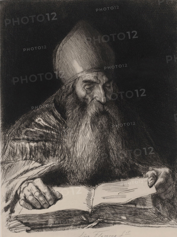 Bearded man with a miter reading a book, print, printmaker: Léopold Flameng, 1841 - 1910, paper, chine collé, etching, drypoint, intaglio printmaking technique, height 297 mm x width 220 mm, reading the Bible or other religious books, insignia of bishop, eg miter, crozier, A monochrome etched portrait shows an elderly bearded man wearing a tall rounded hat and a heavy robe, his head bowed and eyes lowered toward an open book he holds; his long beard flows over his chest, his hands rest on the pages, and the background is densely crosshatched dark.