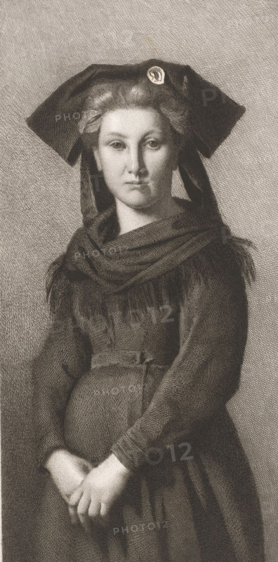 Portrait of an unknown woman in Alsatian costume, print, annotation: 'L'Alsace Lorraine, ep. d'artiste', printmaker: Léopold Flameng, 1841 - 1910, paper, etching, proof, height 450 mm x width 242 mm, folk costume, regional costume, anonymous historical person depicted alone - BB - woman, A monochrome engraved portrait of a young woman shown from head to mid-thigh wearing a dark, wide-brimmed hat with a rounded decorative element on the front and long ribbons draping down the sides. Her hair is pulled back and softly waved at the temples, and she has a neutral facial expression with eyes looking forward. She is dressed in a dark garment with a shawl wrapped around her shoulders and a fitted bodice cinched at the waist. Her hands are clasped together at her lower abdomen, and the image is made up of fine cross-hatched lines creating shading and texture throughout the figure and background.