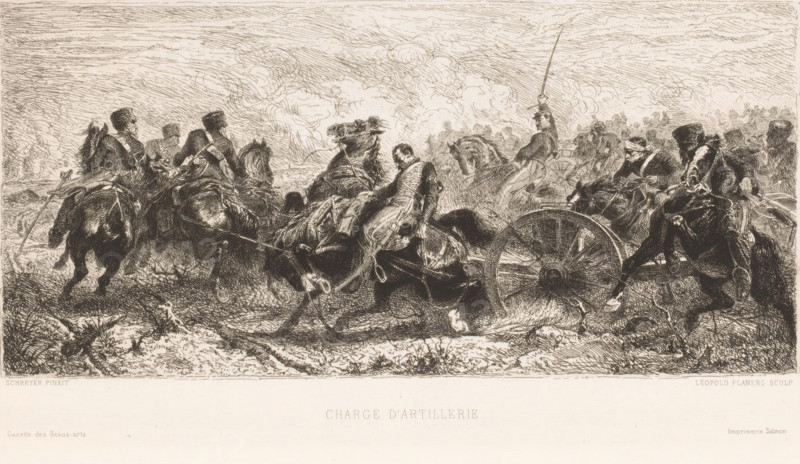 Charge d'artillerie, Loss of artillery, print, printmaker: Léopold Flameng, after painting by Christian Adolf Schreyer, printer (person): Alfred Salmon, Paris, 1865, Léopold Flameng, Christian Adolf Schreyer, Alfred Salmon, printmaker, after painting by, printer (person), paper, chine collé, etching, height 188 mm x width 336 mm, A detailed monochrome engraving shows a chaotic battlefield scene with multiple horses and mounted soldiers engaged around a large wooden-wheeled gun carriage. Horses rear and lunge, their bridles and harnesses rendered with fine lines, while riders in varied military uniforms clutch reins and sabers. One central figure appears slumped on a horse near the carriage, while other riders strain to control animals or push the gun forward. Cloudy smoke and swirling lines fill the sky above a crowded backdrop of additional mounted figures and distant silhouettes. The ground is rough with tufts of grass and disturbed earth, and the composition features dense crosshatc...