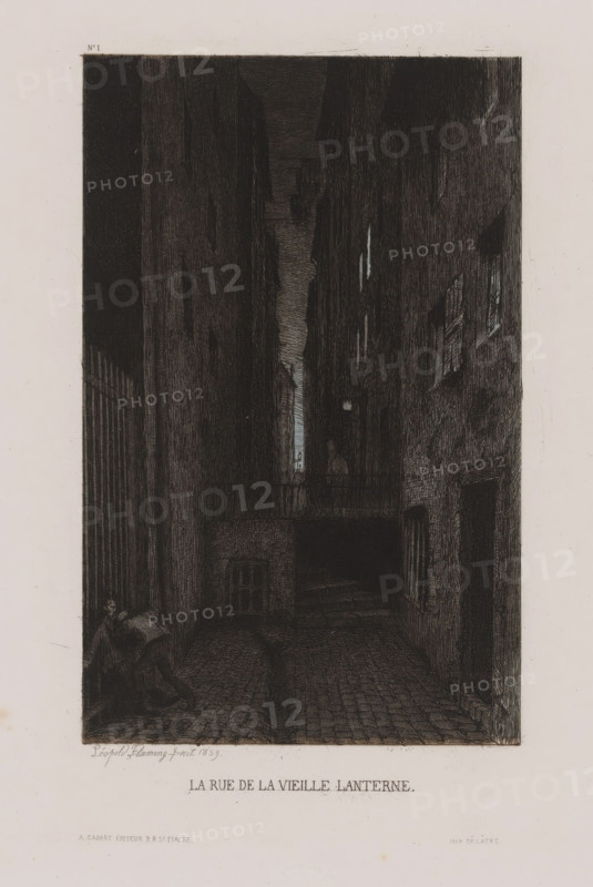 La Rue de la Vieille Lanterne, Two men come to blows in a dark street while a third man watches from a distance, Paris comes and Paris goes, Paris qui s'en va et Paris qui vient, print, Series number, 3, 25, workshop stamp: 'A. Cadart editeur 3 rue St. Fiacre Paris', printmaker: Léopold Flameng, printer (person): Delâtre, publisher: Alfred Cadart, 1859, Léopold Flameng, Delâtre, Alfred Cadart, printmaker, printer (person), publisher, paper, chine collé, etching, height 262 mm x width 180 mm, street-fights, riots, Paris, A tall, narrow dark alley framed by high, textured building walls with a cobblestone path leading into deep shadow, faint light visible far down between the walls, a balcony crossing the alley partway back with a silhouetted figure standing on it, a small lantern or light source mounted on the right wall near the balcony, windows set into the right wall and a recessed doorway there, a barred gate or railing on the left side, a person crouched or seated near the left for...