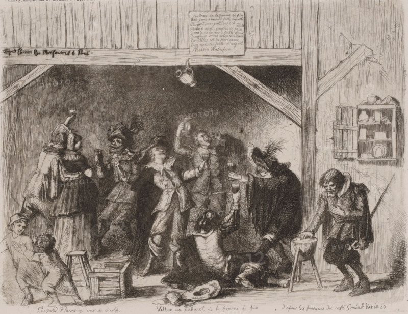 Villon au cabaret de la Pomme de Pin, Drinks in a seventeenth-century pub, print, annotation: 'd'apres les fresques du café Gonin. R. Vasin 20.', printmaker: Léopold Flameng, after design by Léopold Flameng, printer (person): Parron, Paris, 1855, Léopold Flameng, Parron, printmaker, printer (person), paper, etching, intaglio printmaking technique, height 206 mm x width 264 mm, inn, coffee-house, public house, drunkenness, A crowded interior scene shows a group of people gathered under a rough wooden beam ceiling, many holding cups or mugs and raising them in toasts, with one jug hanging from a beam above. Several figures stand and lean together in animated poses wearing period clothing with ruffled collars, cloaks, wide skirts, and hats decorated with feathers, while one person sits slumped in a chair near a wall cabinet filled with dishes and objects. A small child or seated figure is at floor level near the center, another kneels or sprawls on the floor, and a pair of people on the l...