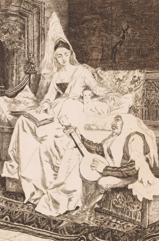 Damsel and minstrel, print, printmaker: attributed to Willem Geets, 1848 - 1910, Attributed to, paper, etching, intaglio printmaking technique, etching with plate tone, height 285 mm x width 208 mm, minstrel, 'juggler', making music, musician with instrument, medieval history, middle ages (historical epoch), A seated woman in a flowing dress and pointed headdress reclines on a cushioned settee, her hand resting near a small, curled animal on the cushion beside her, while an open book lies on her lap; in front of her, a seated man wearing a hooded garment plays a stringed instrument, his hands on the neck and body of the instrument, and patterned textiles cover the furniture and floor; ornate carved woodwork and a decorative wall hanging form the backdrop.