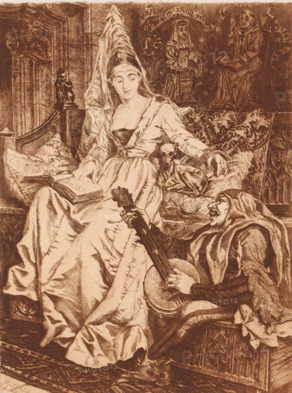 Young lady and minstrel, print, printmaker: Willem Geets, 1897, paper, etching, intaglio printmaking technique, etching with plate tone, print in brown, height 237 mm x width 181 mm, minstrel, 'jongleur', making music, musician with instrument, medieval history, middle ages (historical epoch), A seated woman in a flowing dress and a tall draped headdress looks downward while holding an open book on her lap; beside her on the cushioned seat a small dog is curled up and a richly patterned fabric forms the backdrop. A man kneels at her feet, wearing a hooded garment and playing a stringed instrument, his face turned upward toward her. The scene includes ornate carved woodwork, decorative pillows, and detailed tapestries with carved figures in relief behind them. The image is rendered in a sepia-toned, etched style with fine linework and shading.