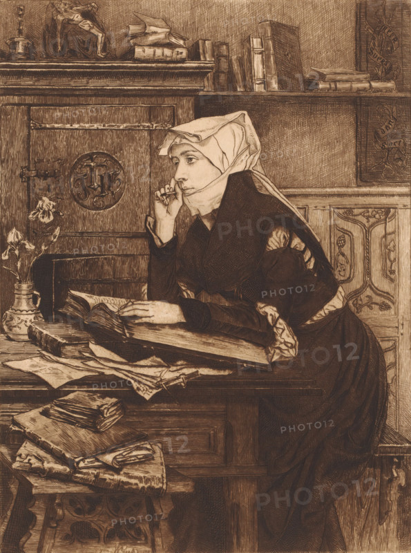 Young woman thinking at a writing desk, print, printmaker: Willem Geets, 1887, paper, etching, intaglio printmaking technique, etching with plate tone, height 299 mm x width 227 mm, writing-table, writing-desk, adolescent, young woman, maiden, A seated woman wearing a head covering and a dark dress leans on a wooden desk with one hand resting on an open book and the other hand near her mouth, her gaze directed slightly downward. The desk surface is cluttered with folded papers, stacked books, and a small vase holding flowers. Behind her is a carved wooden cabinet with decorative panels and shelves holding more books and a small statue. The scene is rendered in a monochromatic, detailed etched style with fine crosshatching and wood grain textures throughout.