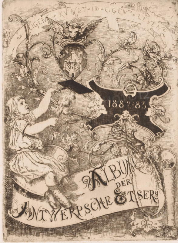 Child with torch and grate on a cartouche with floral tendrils, Album der Antwerpsche Etsers 1882-1883, print, title page, Top left a coat of arms with the arms of Antwerp., printmaker: attributed to Willem Geets, 1882 - 1883, Attributed to, paper, etching, intaglio printmaking technique, etching with plate tone, height 255 mm x width 188 mm, Probably title page for: Album der Antwerpsche Etsers. Sl: Vereeniging der Antwerpsche Etsers, 1882-1883., ornament, cartouche, child, coat of arms (as symbol of the state, etc.), A sepia-toned engraved illustration shows a young child seated on a curved surface, reaching upward toward a stylized shield and ornamental foliage. The child wears a short-sleeved dress and high buttoned boots, with hair falling to the shoulders and a focused facial expression. Above the child, elaborate scrolling vines and floral motifs weave around a heraldic shield topped by a crowned winged creature with a horned animal head. Decorative cartouches and flourishes fra...