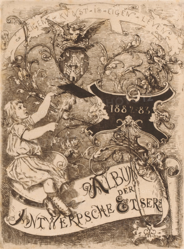 Child with torch and grid on a cartouche with floral tendrils, Album der Antwerpsche Etsers 1882-1883, print, title page, Top left a coat of arms with the arms of Antwerp., mark: 'Antwerpsche Etsers 1880', printmaker: attributed to Willem Geets, 1882 - 1883, Attributed to, paper, etching, intaglio printmaking technique, etching with plate tone, height 255 mm x width 190 mm, Probably title page for: Album der Antwerpsche Etsers. Sl: Vereeniging der Antwerpsche Etsers, 1882-1883., ornament, cartouche, child, coat of arms (as symbol of the state, etc.), A sepia-toned engraved illustration shows an ornate composition with a young girl seated on a scrolllike surface, reaching upward with one hand toward a small flying bird while holding a branch in the other hand; she wears a short-sleeved dress and boots with visible laces and has wavy hair. Surrounding her are elaborate swirling floral and foliate decorations that curl and loop across the image, interweaving with a dark shield-shaped cart...