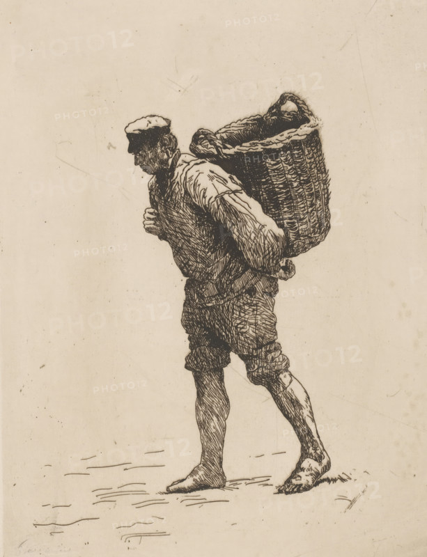 Fisherman with a basket on his back, Porteur de poissons, print, Katwijk fisherman, barefoot, carrying a basket on his back., printmaker: Alphonse Stengelin (signed by artist), 1862 - 1910, paper, etching, intaglio printmaking technique, etching with plate tone in brown, height 269 mm x width 208 mm, commercial fishery, Katwijk (South Holland), A monochrome line drawing of a barefoot man in profile facing left, wearing a cap and rolled-up trousers, carrying a large woven basket on his back with a strap over his shoulder, his shirt sleeves rolled and his hands gripping the strap, with visible crosshatching and texture in the basket and clothing, on a lightly speckled plain background.