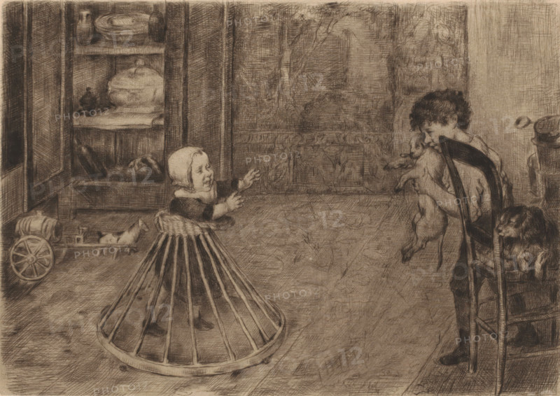 Child in walker walks towards a boy holding a dog, print, printmaker: attributed to Joseph Gérard, 1831 - 1895, Attributed to, paper, etching, drypoint, intaglio printmaking technique, drypoint and plate tone, height 200 mm x width 280 mm, dog, interior of the house, child, implements for learning to walk, go-cart - AA - girl, A sepia-toned drawing of an interior scene showing a small child wearing a bonnet and a dress framed by a circular cage-like skirt reaching toward a seated older child who sits on a wooden chair and holds a small animal close to their face, a dog sitting beside the chair, a wooden shelf with dishes and jars against the wall, a toy cart with wheels on the floor, and textured walls and floor rendered with cross-hatched lines.