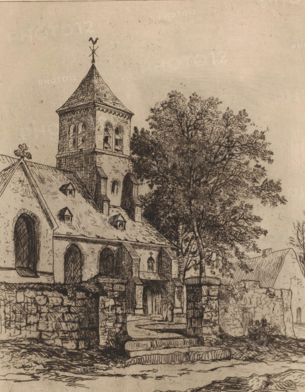 Church in the Ardennes, En Ardennes, print, printmaker: Jules Marie Armand Goethals, printer (person): De la Société, 1854 - 1879, printer (person), paper, etching, intaglio printmaking technique, drypoint, plate tone and drypoint, height 298 mm x width 230 mm, church (exterior), Ardennes, A detailed ink drawing of a stone church with a steeply pitched roof and a square bell tower topped by a pointed roof and a weather vane, adjacent to a large leafy tree whose branches extend over the roofline; the church shows arched windows and small dormers on the roof, a porch with steps leading up to an arched entrance, stone walls and a low stone fence in the foreground, and a small figure standing near the entrance.