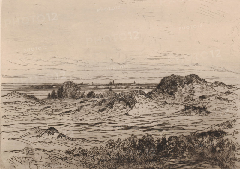 Dunes near Nieuwpoort, print, printmaker: attributed to Jules Marie Armand Goethals, 1854 - 1879, Attributed to, paper, etching, intaglio printmaking technique, drypoint, plate tone and dry needle, height 233 mm x width 300 mm, dunes (sea not visible), in the dunes, Nieuwpoort (Belgium), A wide horizontal ink drawing of a coastal landscape showing rolling sand dunes in the foreground with dense clumps of grasses and low shrubs, a middle ground of rounded dune mounds and larger bushy vegetation, and a distant flat shoreline with thin horizontal lines suggesting water and a faint horizon; the sky above is pale with delicate, wispy horizontal cloud lines and faint sketchy strokes, and the whole scene is rendered in fine dark lines on a light toned background.